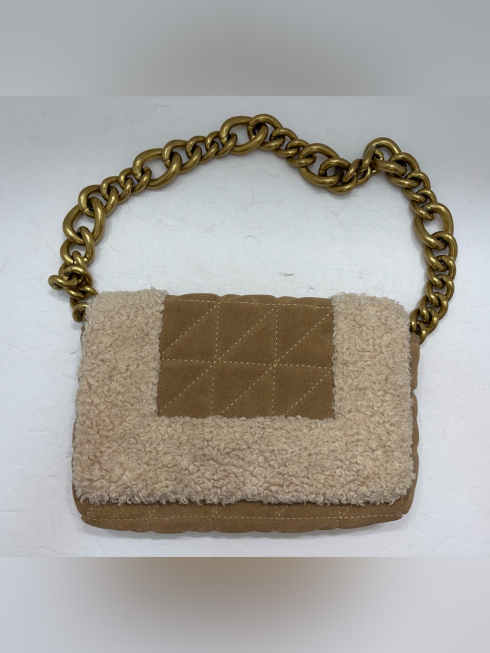 ๐ZARA Quilted Suede Shearling Faux Fur Chain Shoulder Bag Tan Beige
